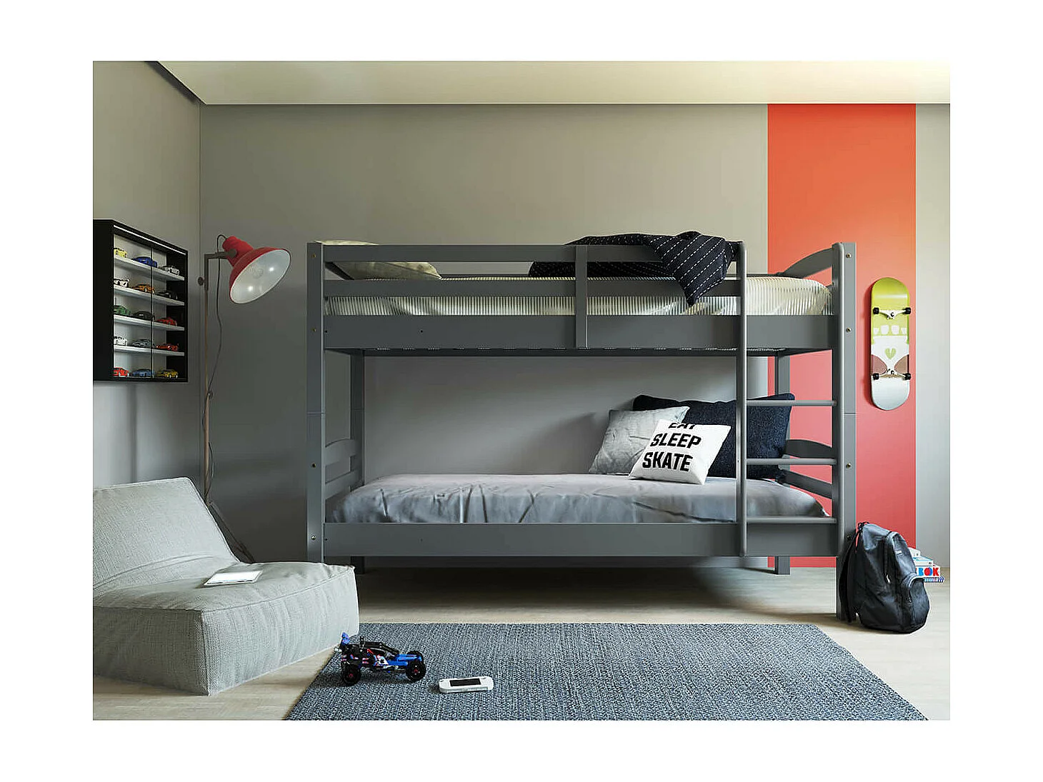 STRADI - Lits Superposés 90x200cm Gris avec Sommiers