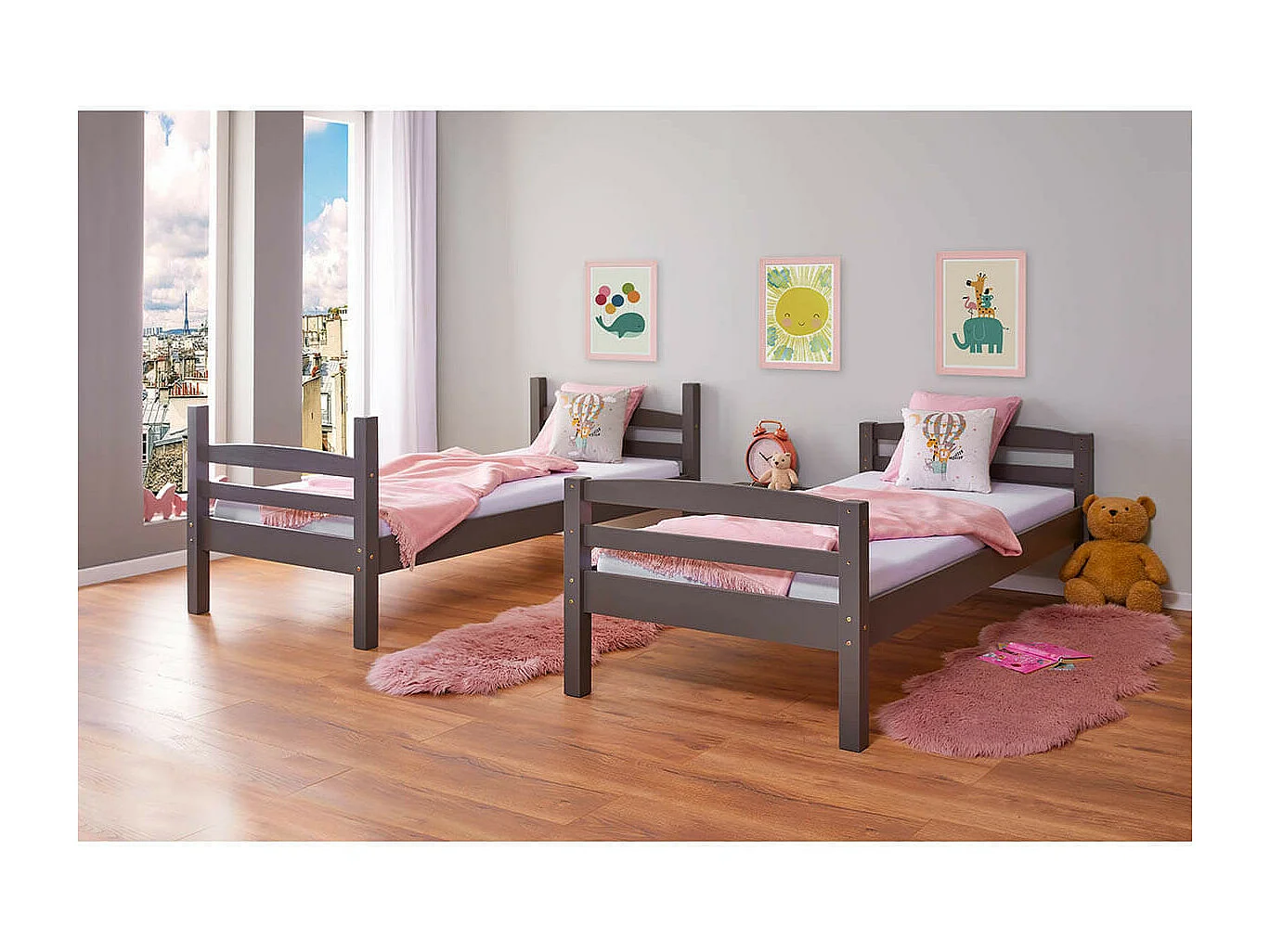 STRADI - Lits Superposés 90x200cm Gris avec Sommiers