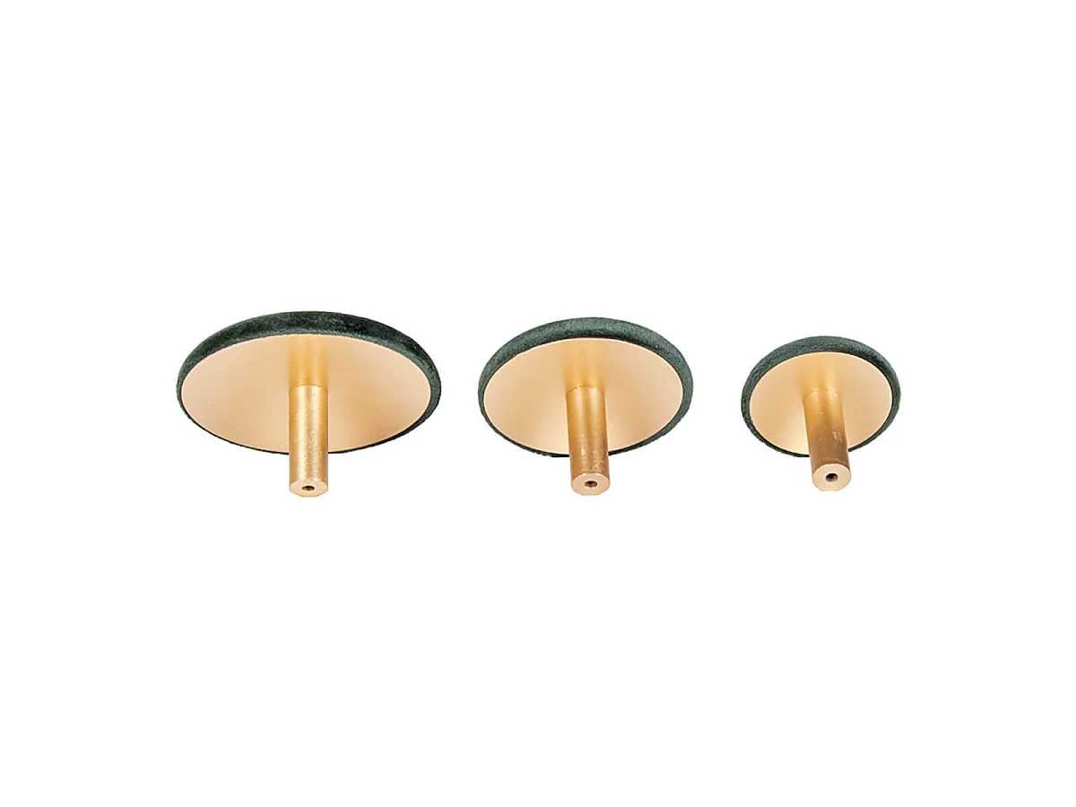 GIZEH - Lots de 3 Patères Rondes Velours Vert et Aspect Laiton