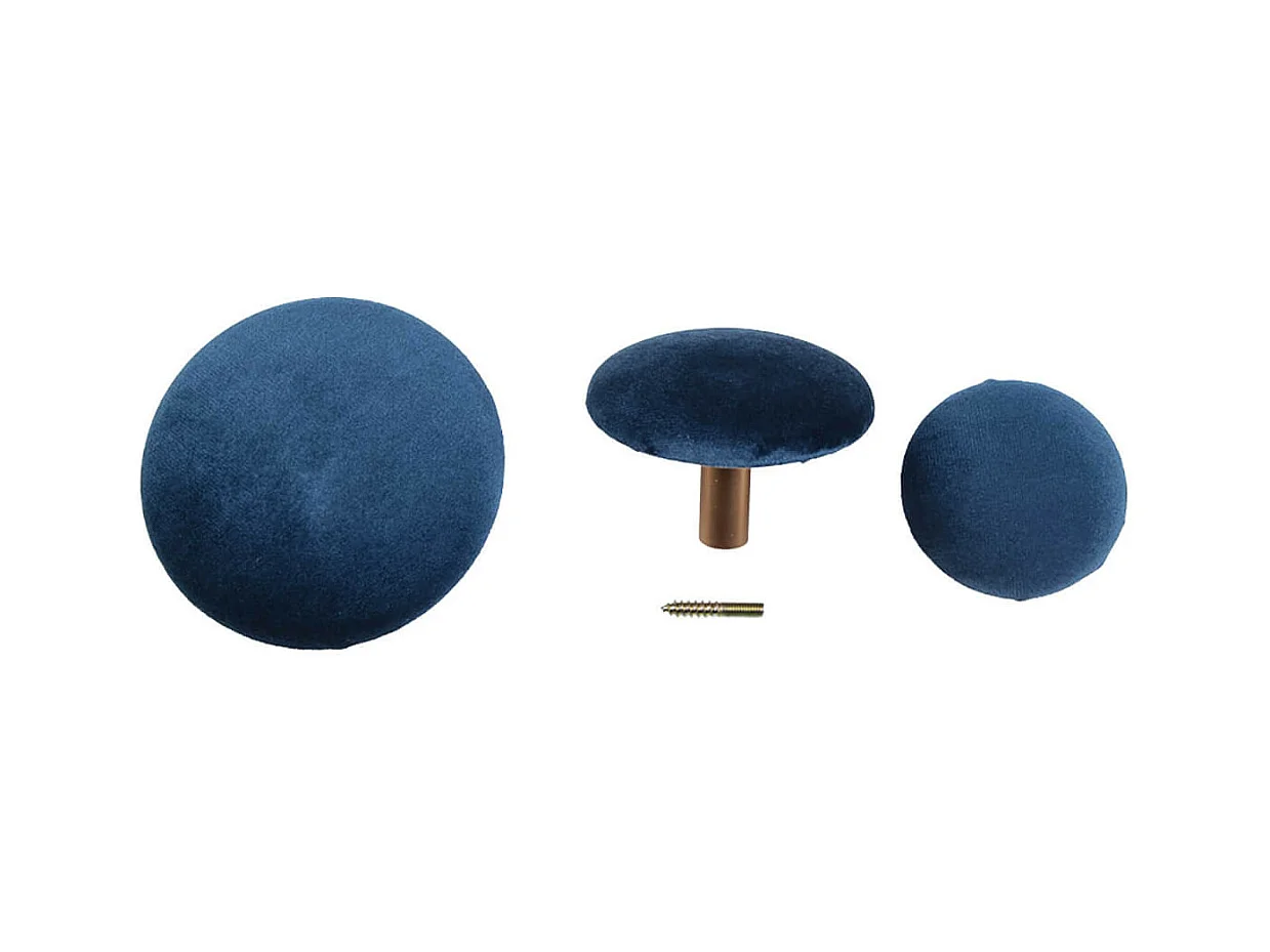 GIZEH - Lots de 3 Patères Rondes Velours Bleu et Aspect Laiton