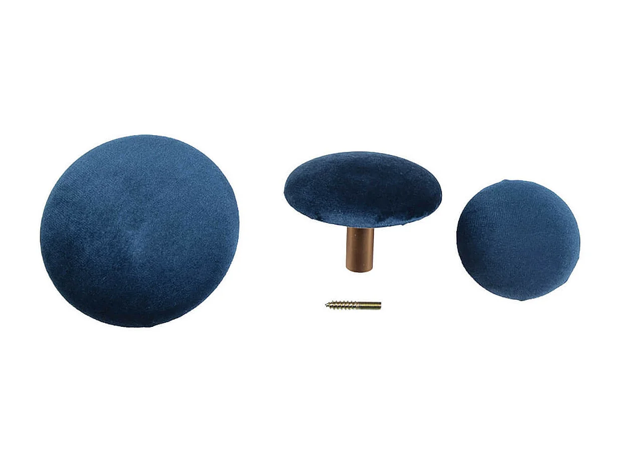 GIZEH - Lots de 3 Patères Rondes Velours Bleu et Aspect Laiton