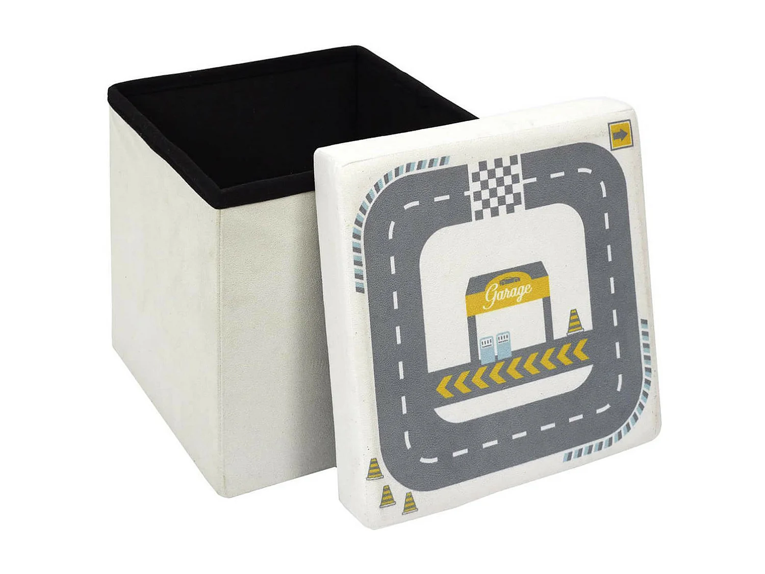 CHILD - Pouf-Coffre Pliable Velours Gris Clair Motif Circuit