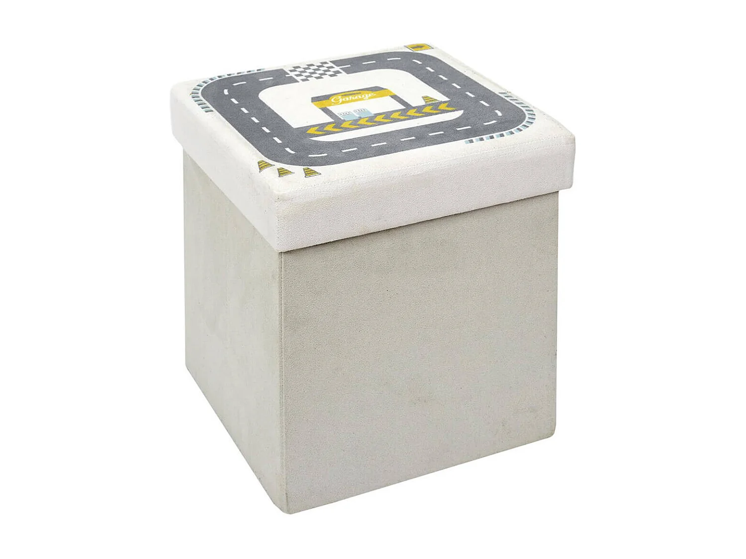 CHILD - Pouf-Coffre Pliable Velours Gris Clair Motif Circuit