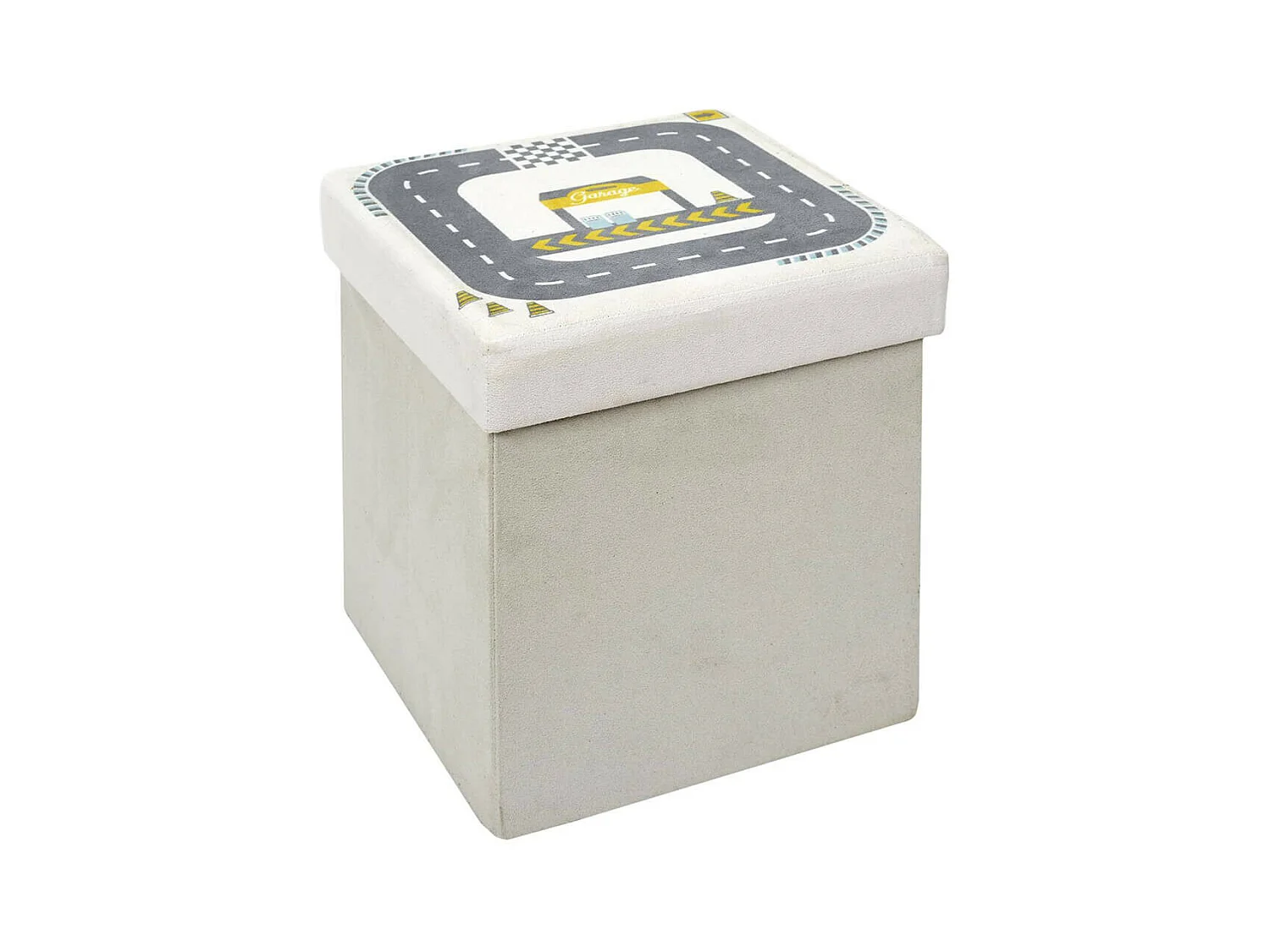 CHILD - Pouf-Coffre Pliable Velours Gris Clair Motif Circuit