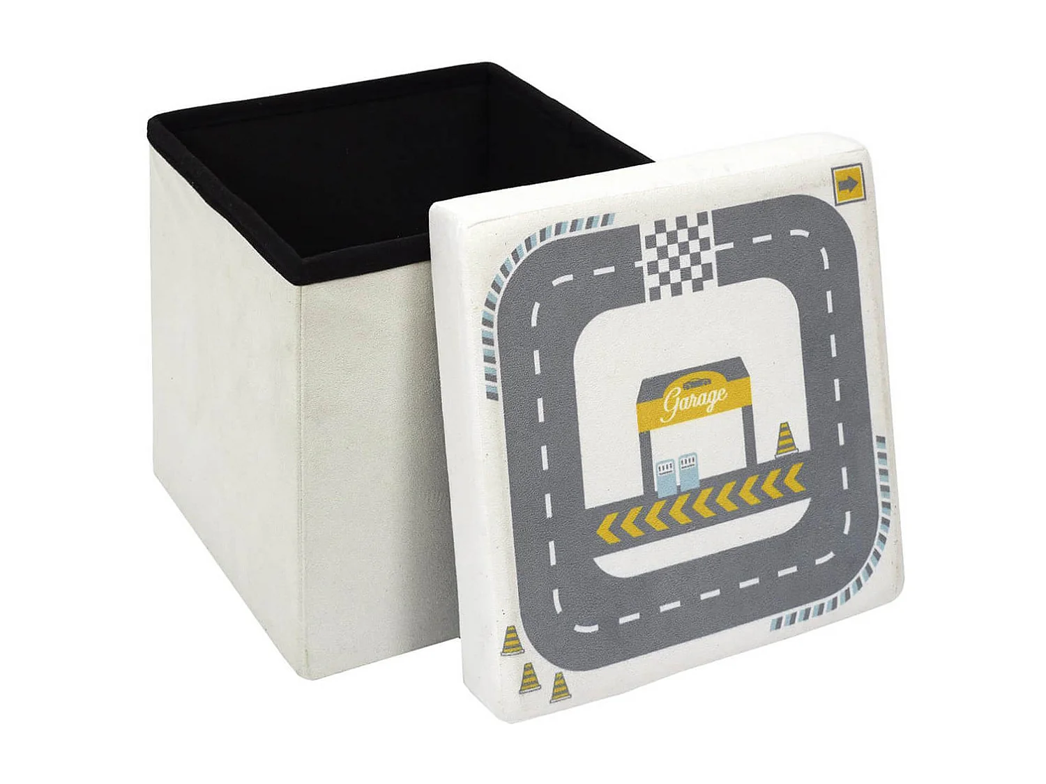 CHILD - Pouf-Coffre Pliable Velours Gris Clair Motif Circuit