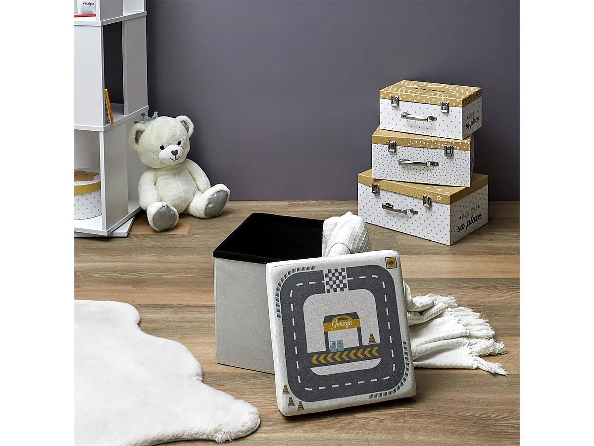 CHILD - Pouf-Coffre Pliable Velours Gris Clair Motif Circuit