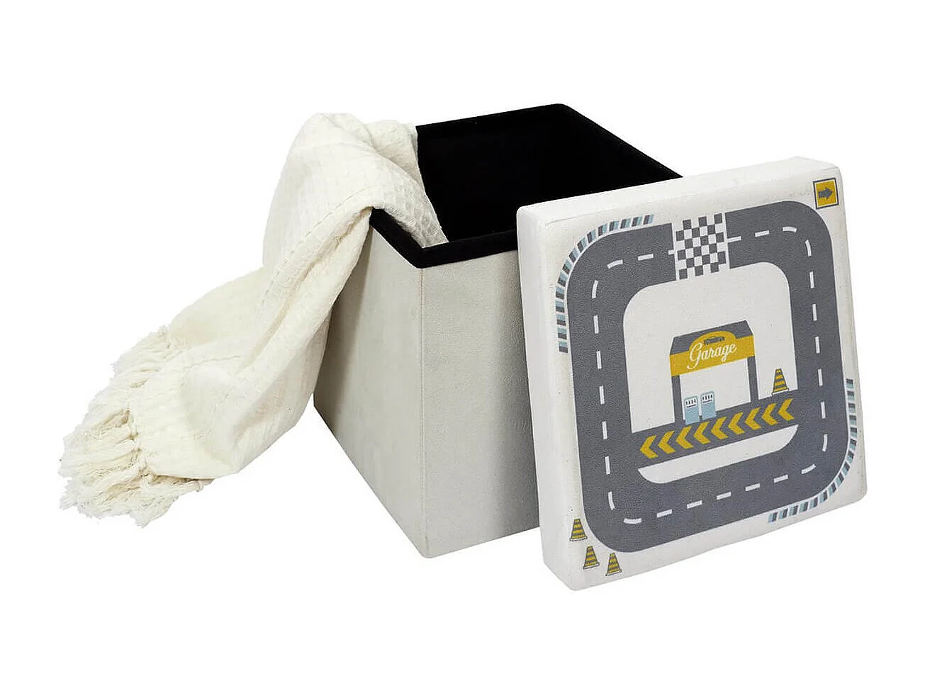 CHILD - Pouf-Coffre Pliable Velours Gris Clair Motif Circuit