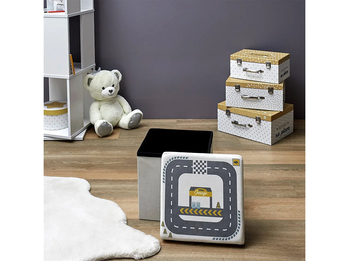CHILD - Pouf-Coffre Pliable Velours Gris Clair Motif Circuit