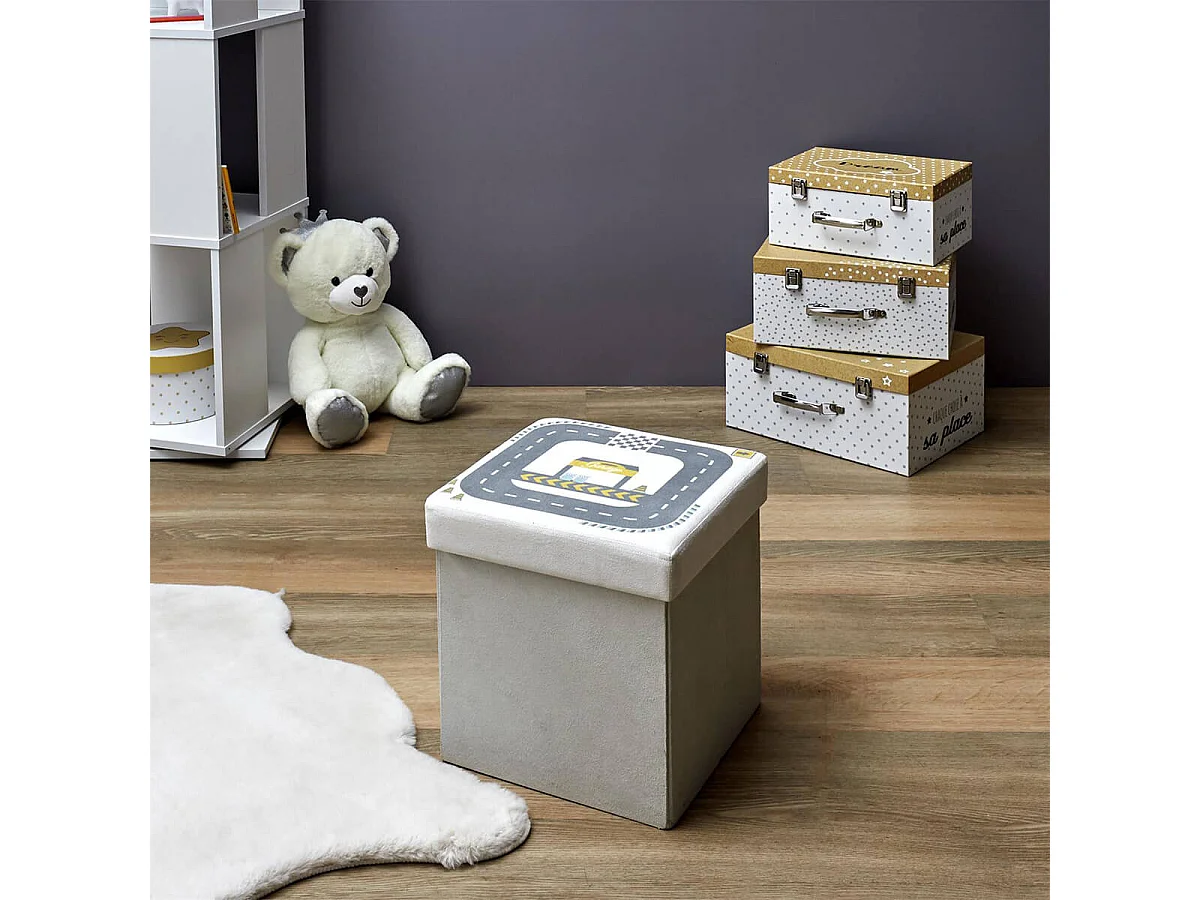 CHILD - Pouf-Coffre Pliable Velours Gris Clair Motif Circuit