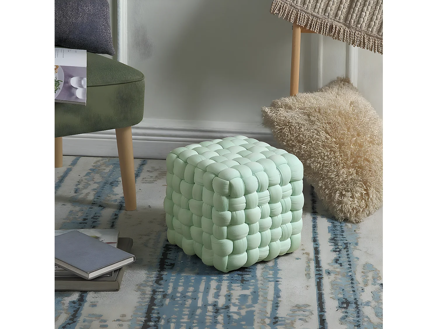 TRENZA - Pouf Carré en Tissu Doux Tressé Vert clair