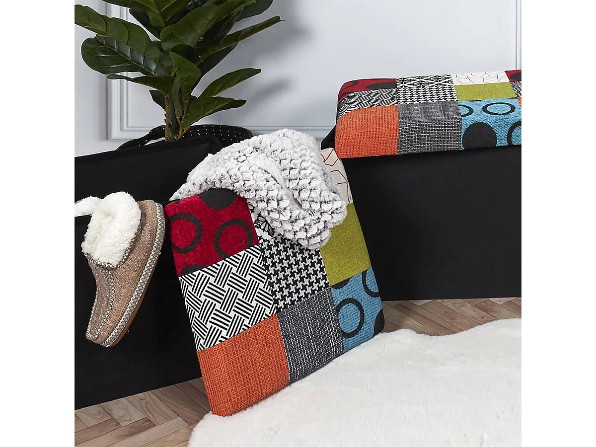 KERAVA - Pouf-Coffre Pliable Motif Patchwork