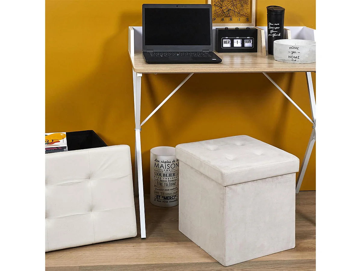 PAULA - Pouf-Coffre Pliable Capitonné Suédine Blanc