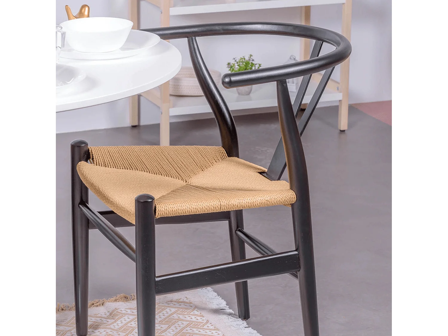 Cadeira escandinava em madeira de faia colorida e corda ecológica - Wish - Preto