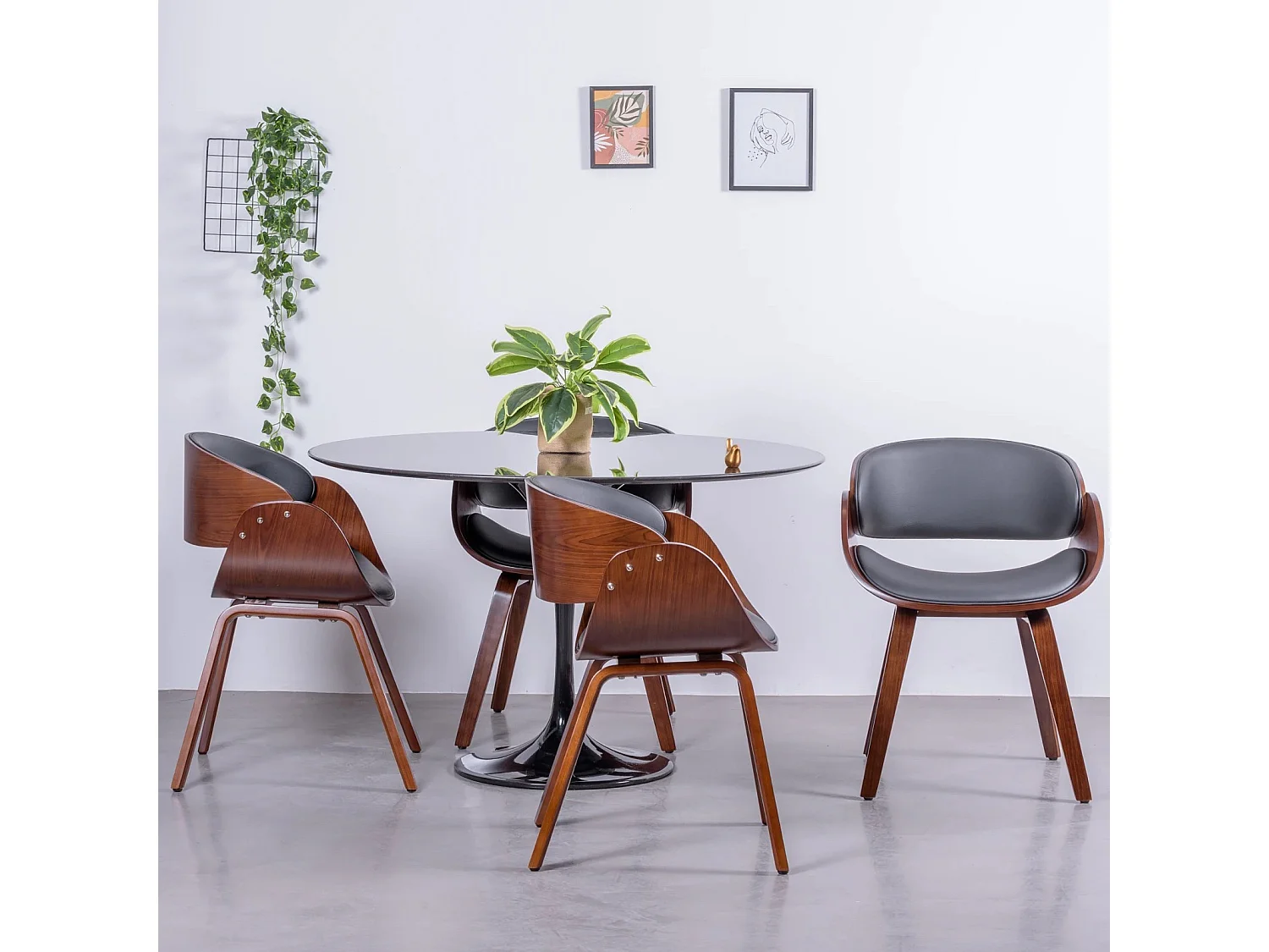 Chaise scandinave avec accoudoirs en bois de noyer foncé et tapissée en simili cuir - Burrow S - Noir