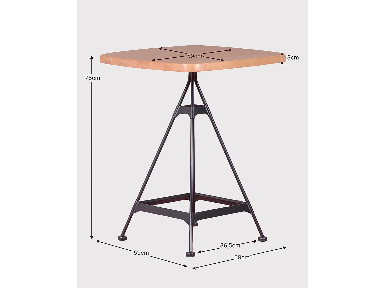 Industriële hoge tafel in beukenhout en gelakt staal (60x60cm) - Amadeus - Natuurlijke beuk