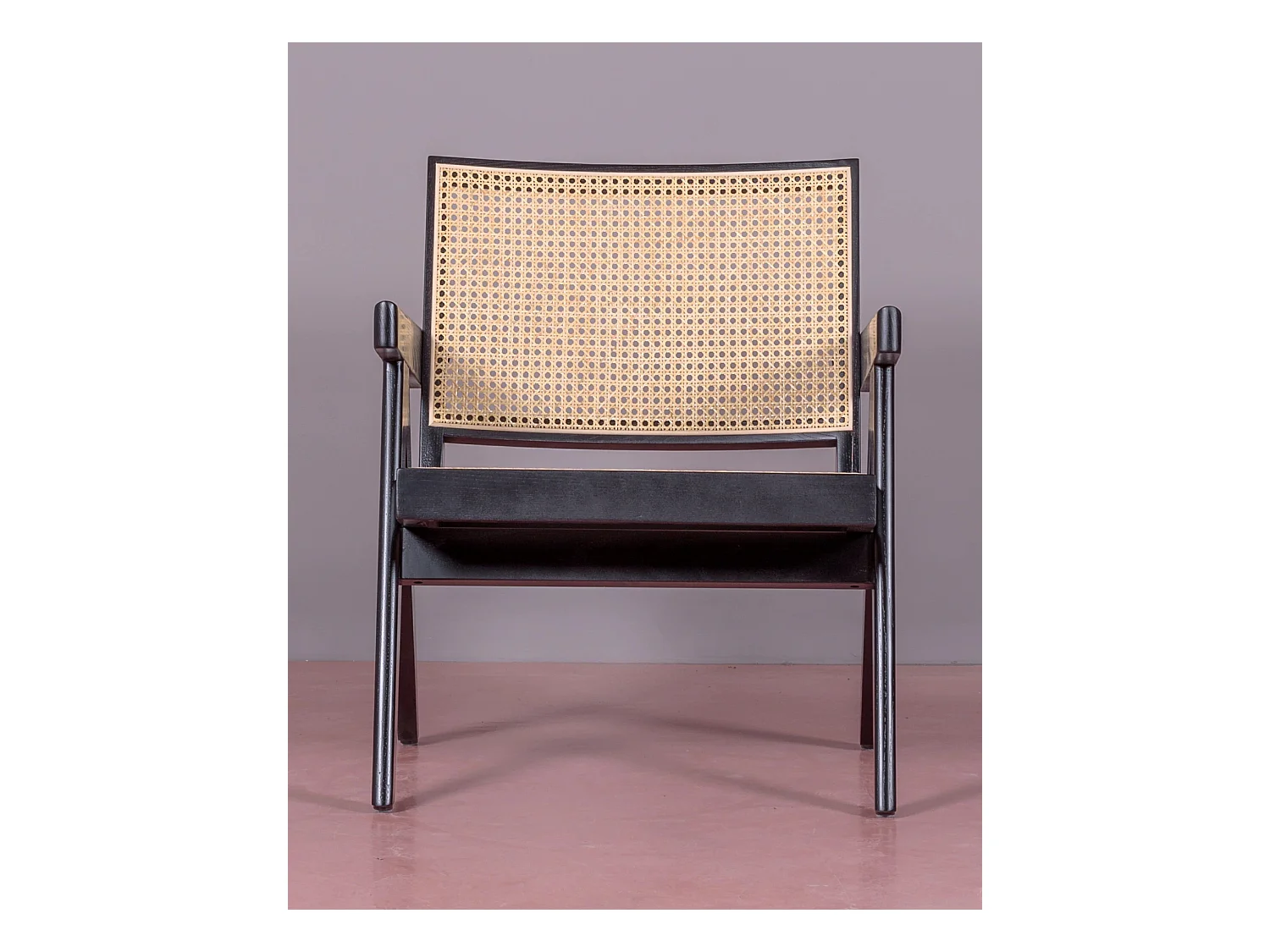 Fauteuil classique avec accoudoirs en bois de teck et rotin naturel - Compass - Noir