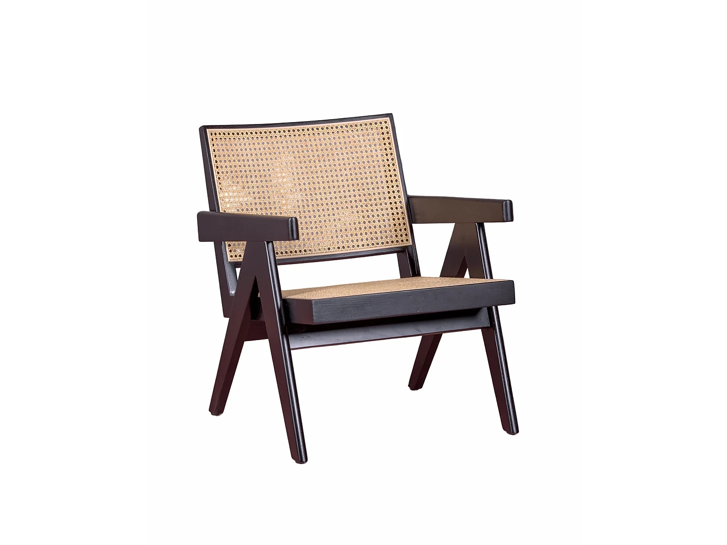 Fauteuil classique avec accoudoirs en bois de teck et rotin naturel - Compass - Noir