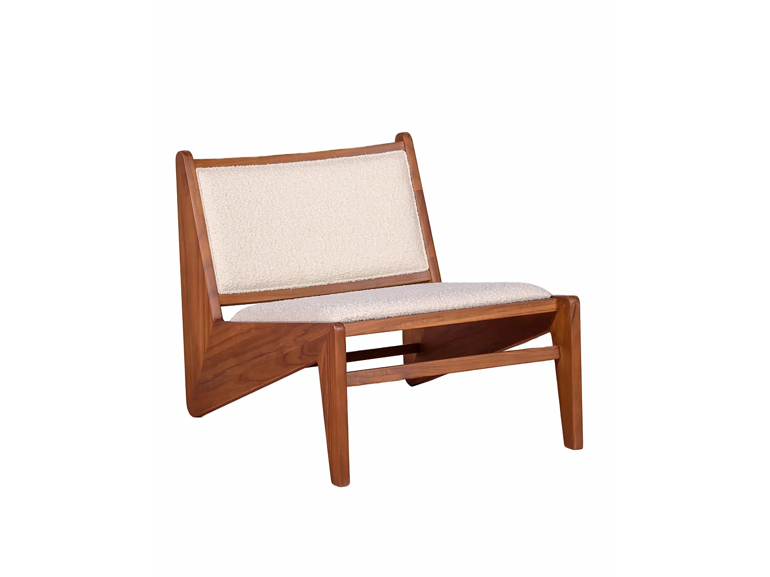 Fauteuil bas en bois de teck et recouvert de tissu bouclé - Compass - Blanc