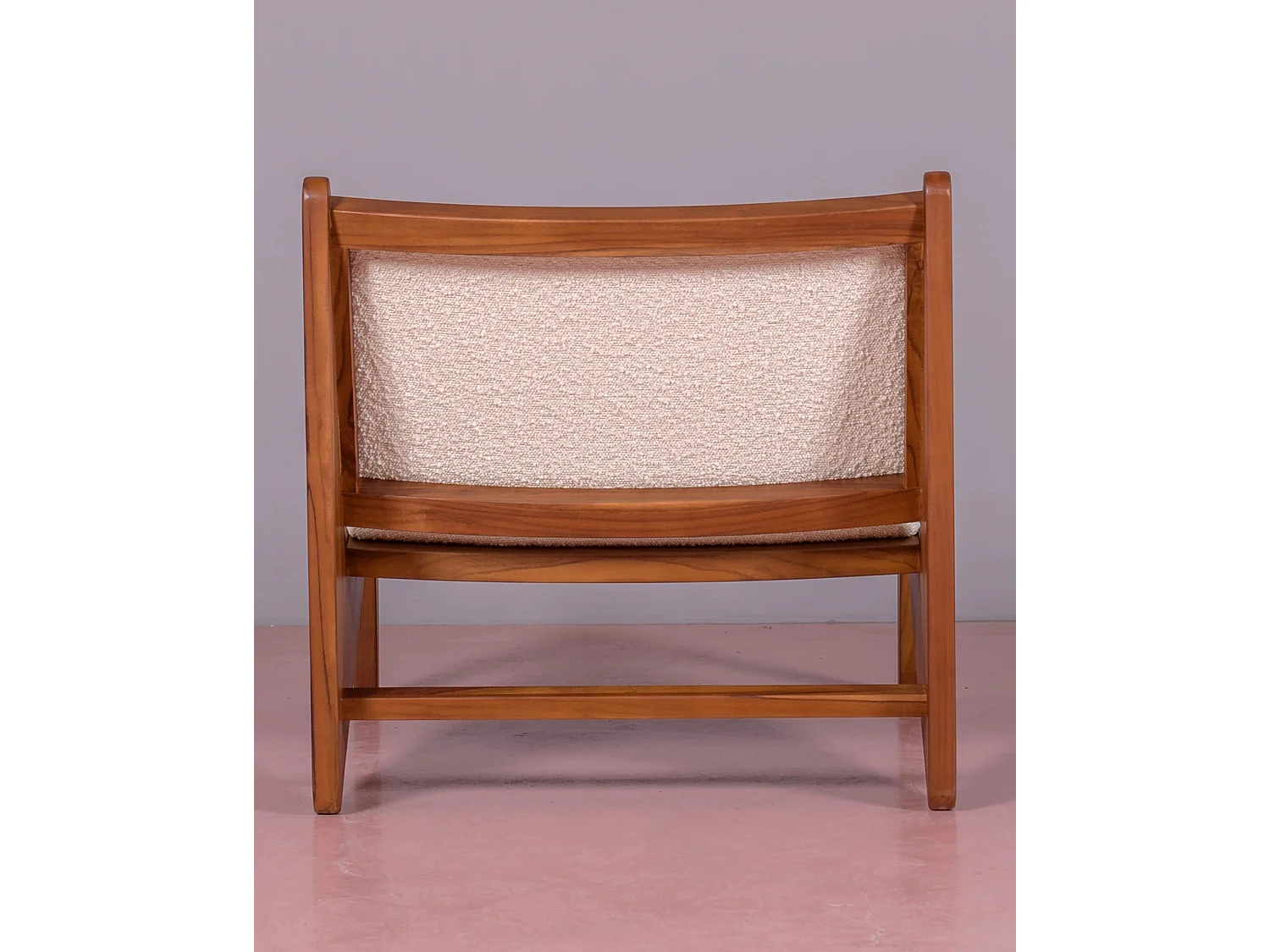 Fauteuil bas en bois de teck et recouvert de tissu bouclé - Compass - Blanc