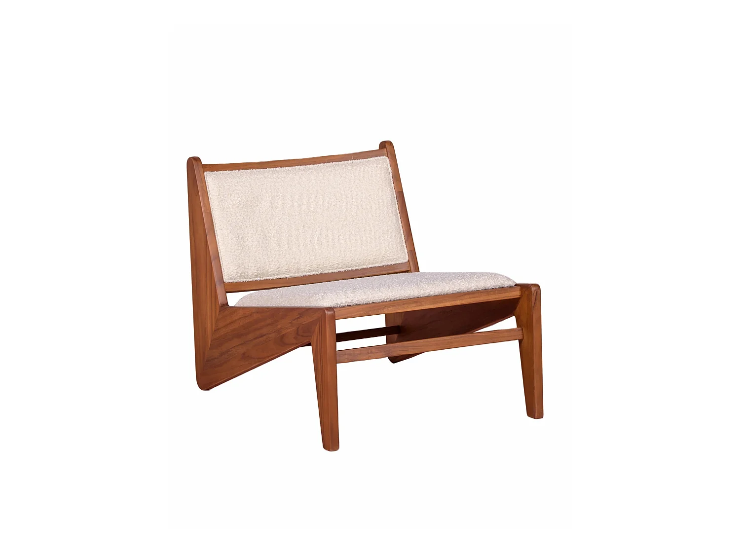 Fauteuil bas en bois de teck et recouvert de tissu bouclé - Compass - Blanc