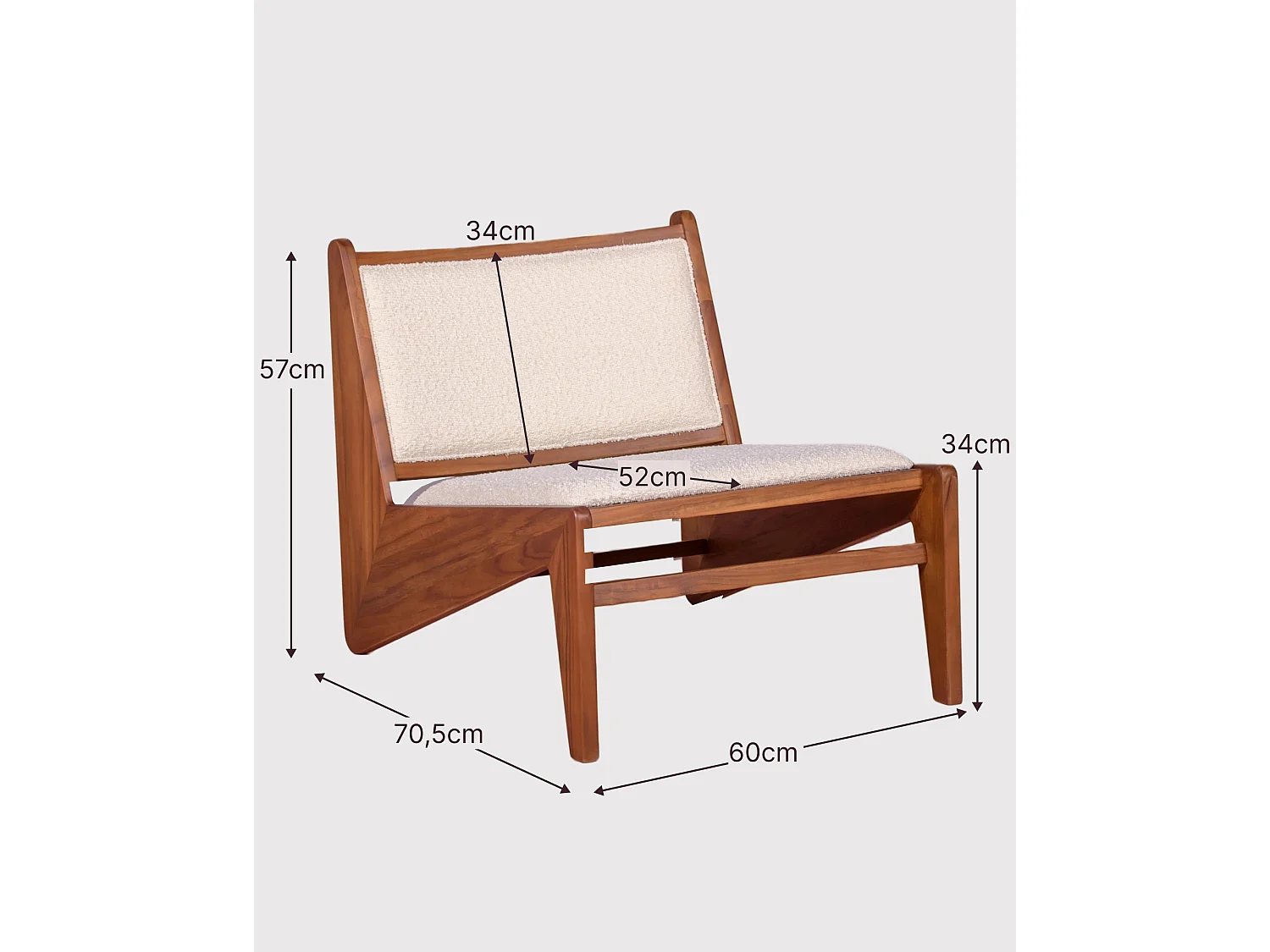 Fauteuil bas en bois de teck et recouvert de tissu bouclé - Compass - Blanc