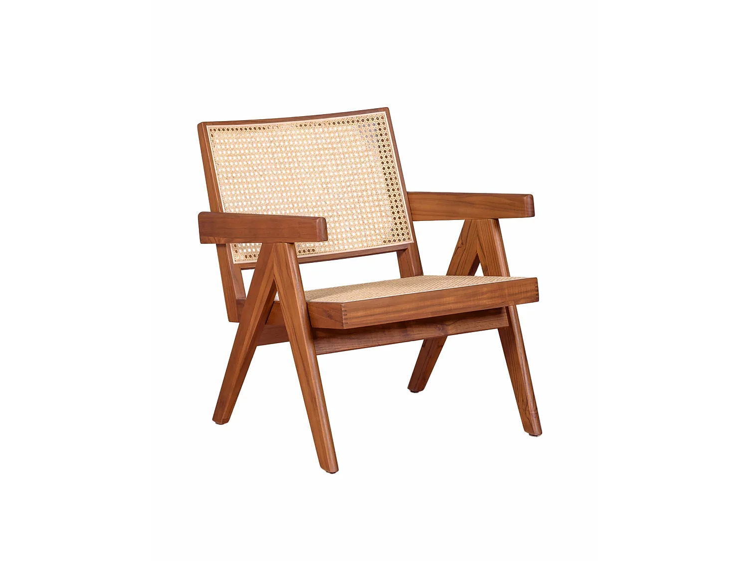 Sillón clásico con reposabrazos en madera de teca y ratán natural - Compass - Teca