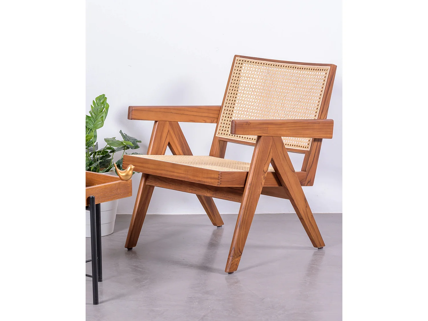Sillón clásico con reposabrazos en madera de teca y ratán natural - Compass - Teca