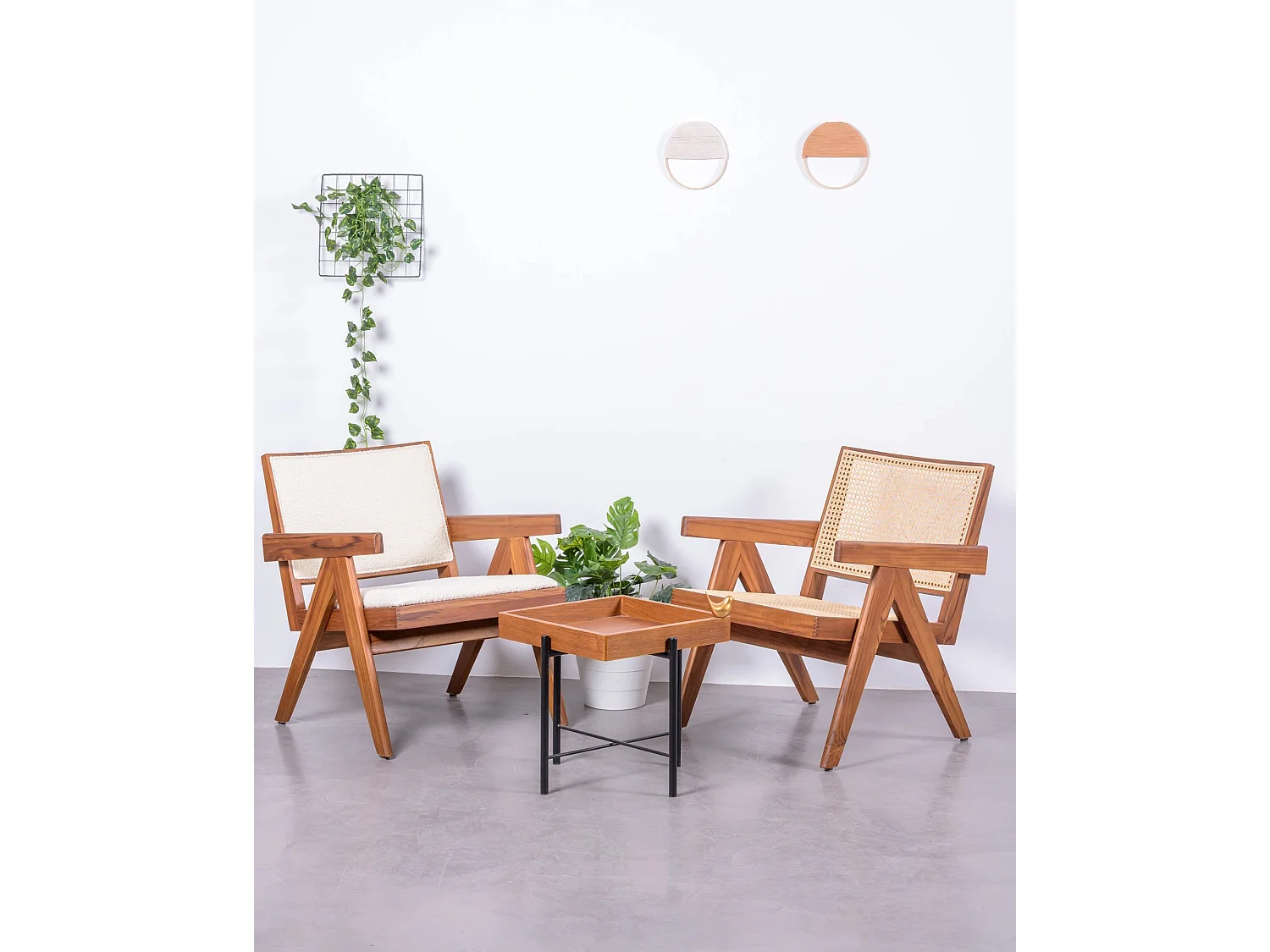 Sillón clásico con reposabrazos en madera de teca y ratán natural - Compass - Teca