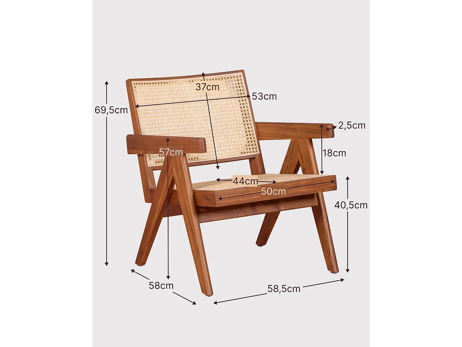 Sillón clásico con reposabrazos en madera de teca y ratán natural - Compass - Teca