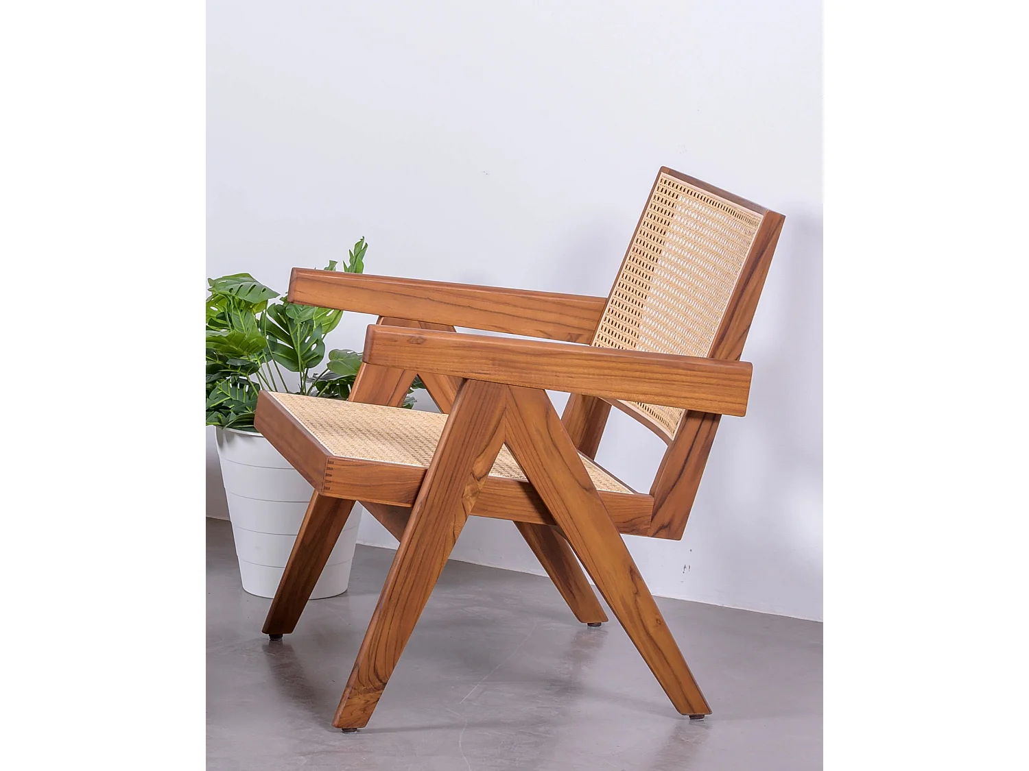 Fauteuil classique avec accoudoirs en bois de teck et rotin naturel - Compass - Teca