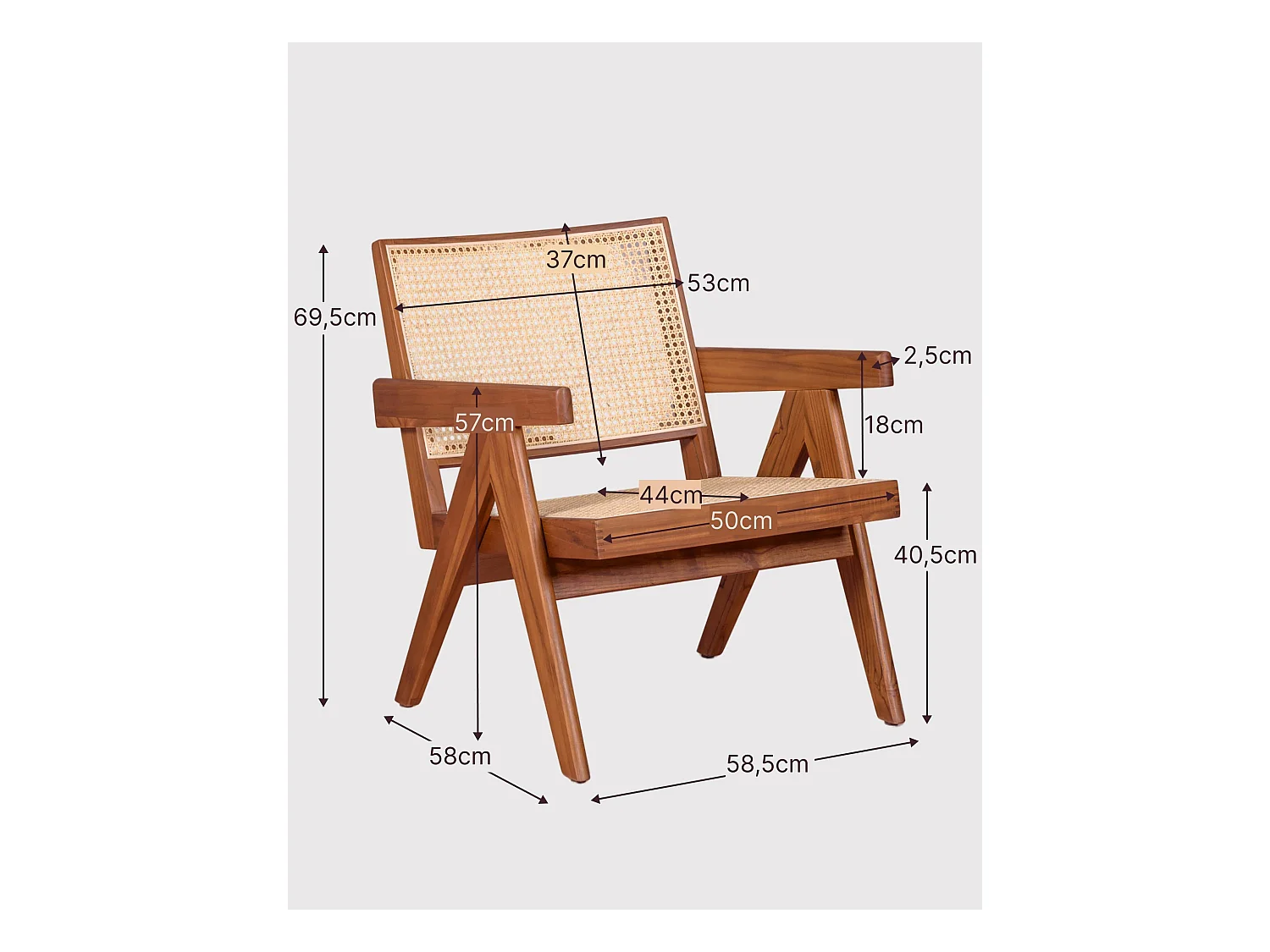Fauteuil classique avec accoudoirs en bois de teck et rotin naturel - Compass - Teca