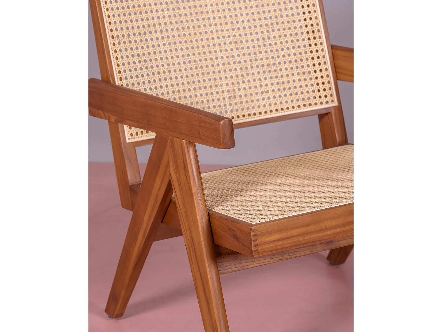 Fauteuil classique avec accoudoirs en bois de teck et rotin naturel - Compass - Teca