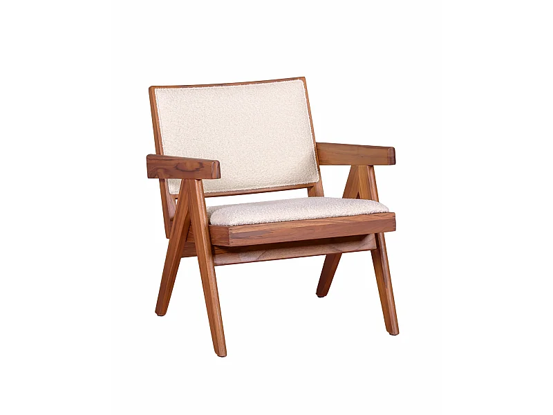 Klassieke fauteuil met armleuningen in teakhout en boucléstof - Compass - Wit