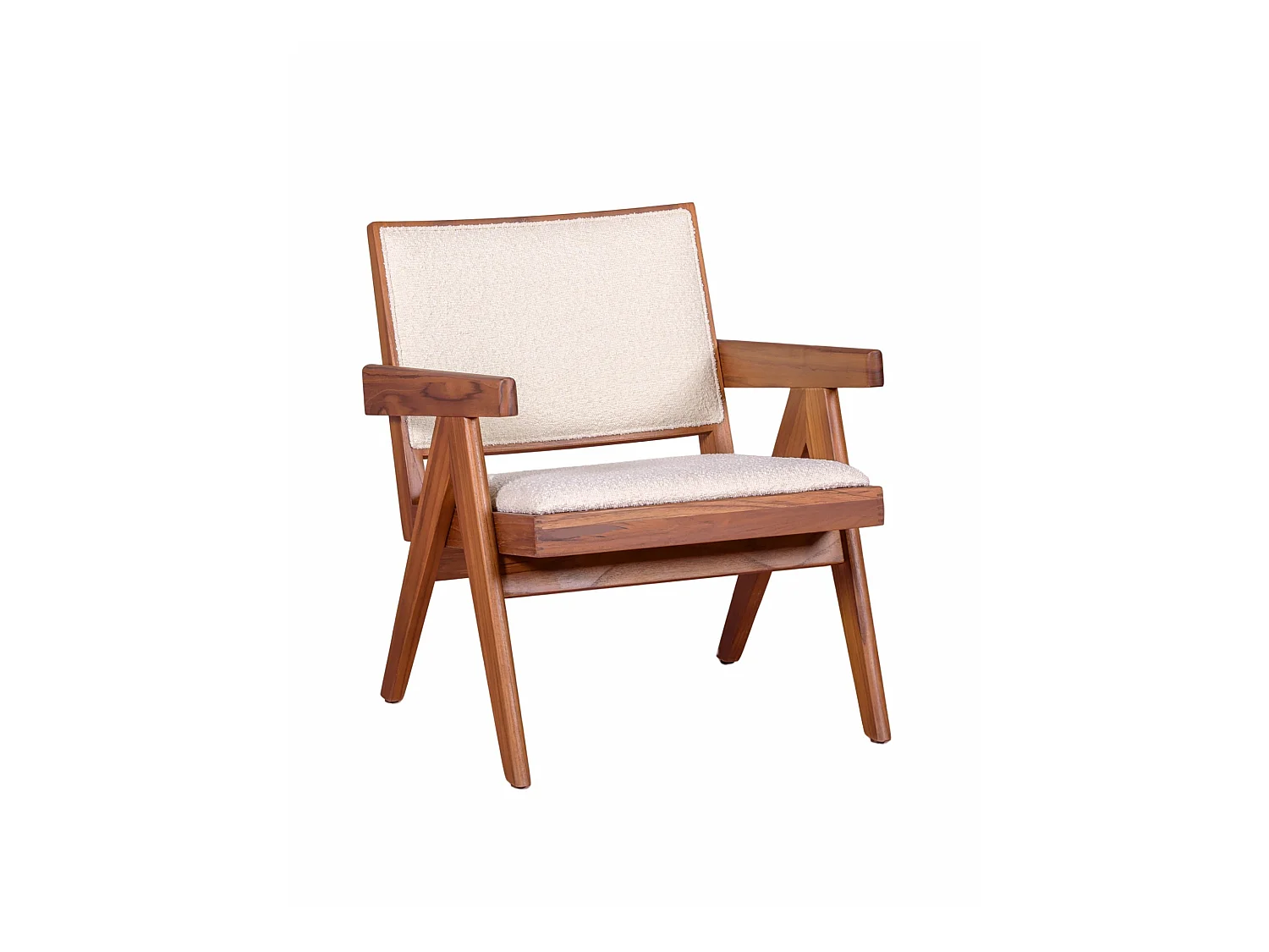 Fauteuil classique avec accoudoirs en bois de teck et tissu bouclé - Compass - Blanc