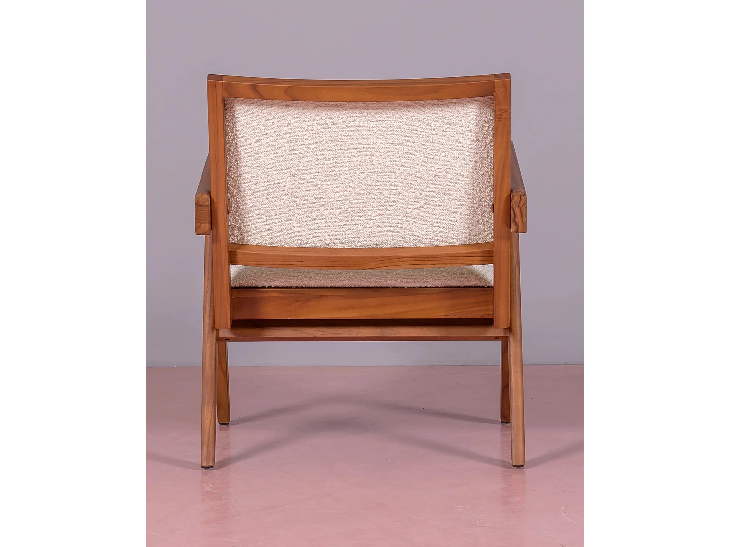 Klassieke fauteuil met armleuningen in teakhout en boucléstof - Compass - Wit