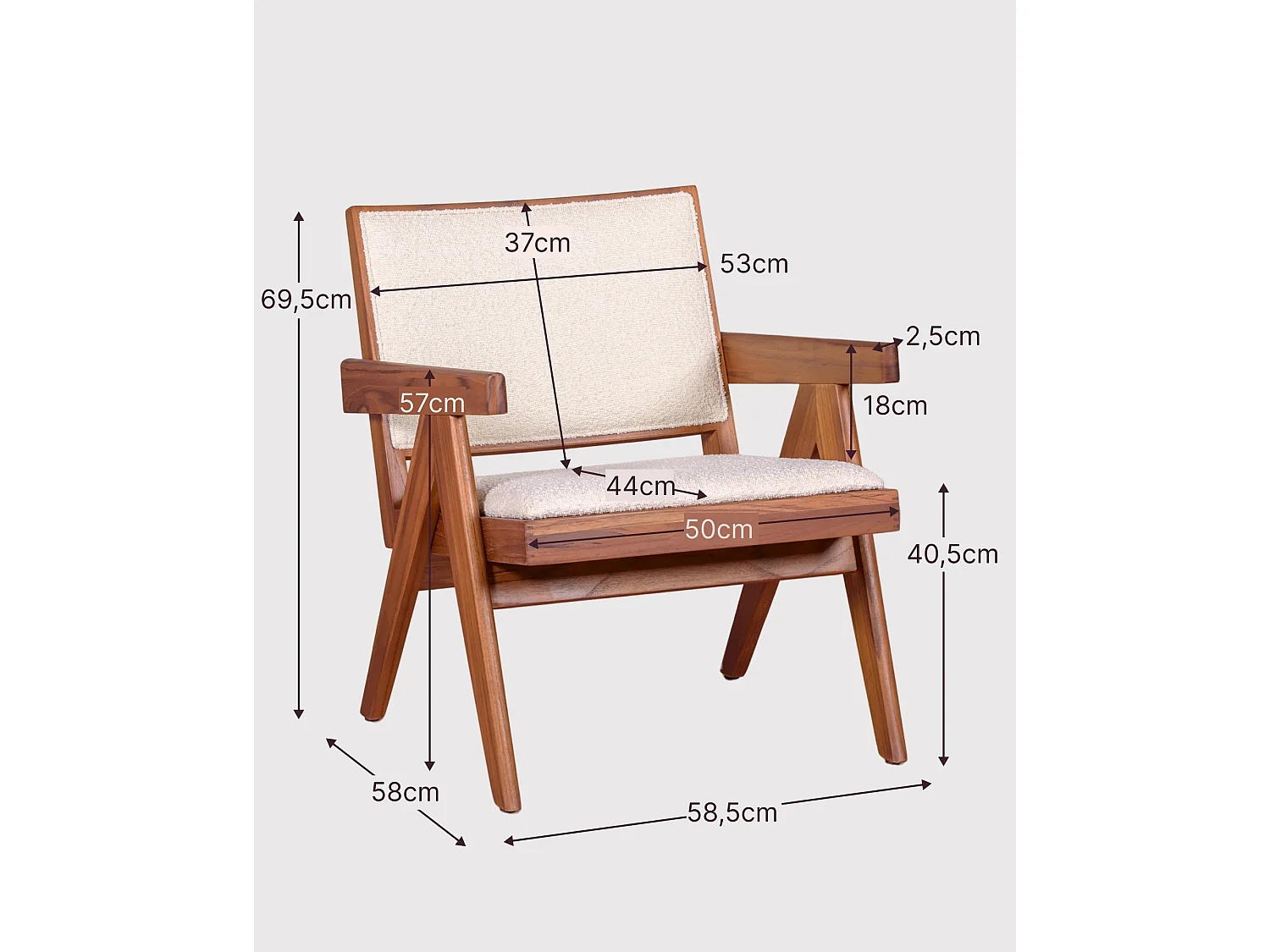 Klassieke fauteuil met armleuningen in teakhout en boucléstof - Compass - Wit