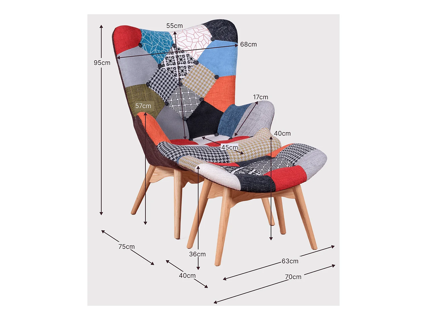 Klassischer Sessel mit Fußstütze mit Patchworkbezug - Featherston - Patchwork