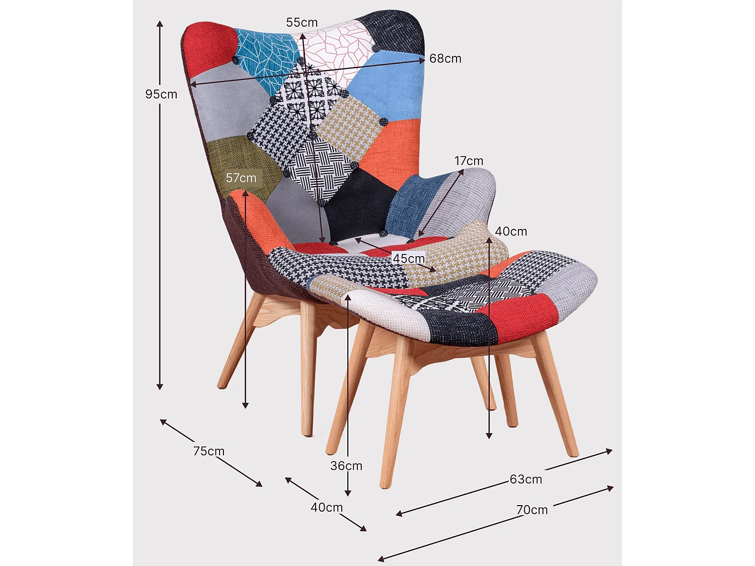 Klassieke fauteuil met voetsteun bekleed met patchwork - Featherston - Lapwerk