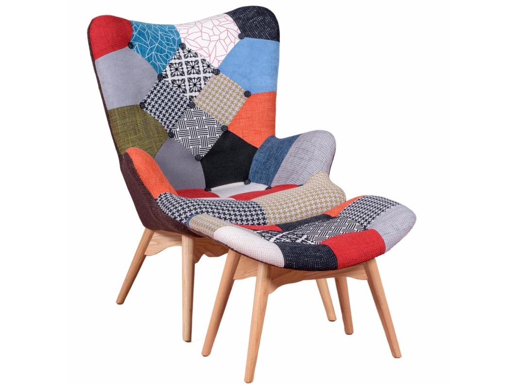 Sillón clásico con reposapiés tapizado en patchwork - Featherston - Patchwork