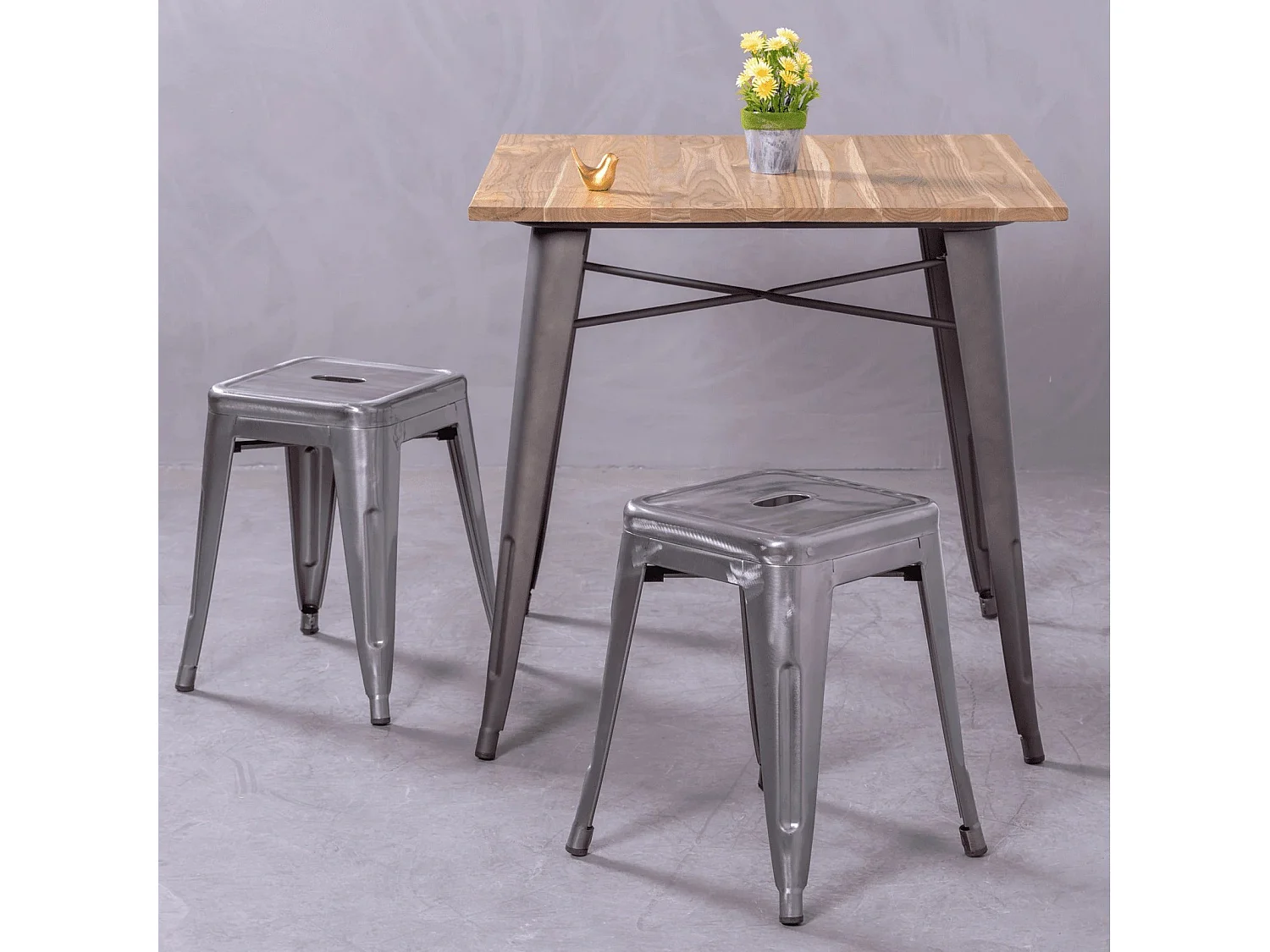 Industriële tafel in verouderd staal en licht hout - Bistro - Antiek