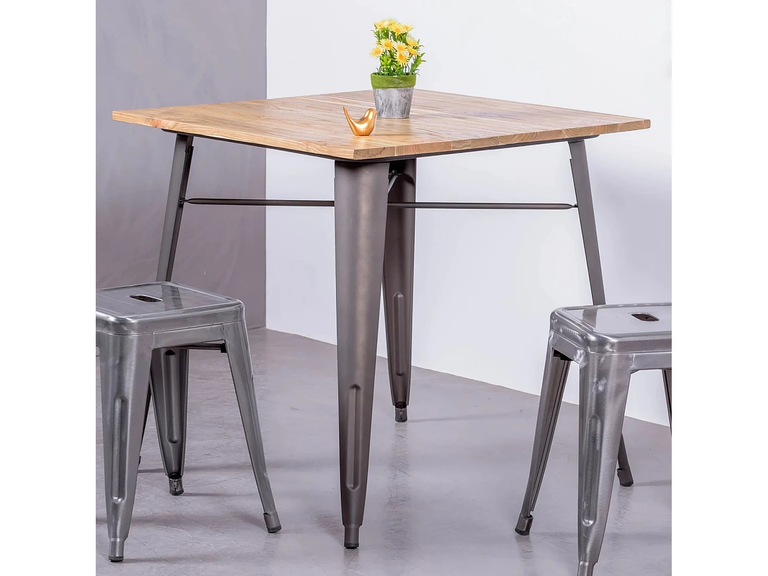 Industriële tafel in verouderd staal en licht hout - Bistro - Antiek