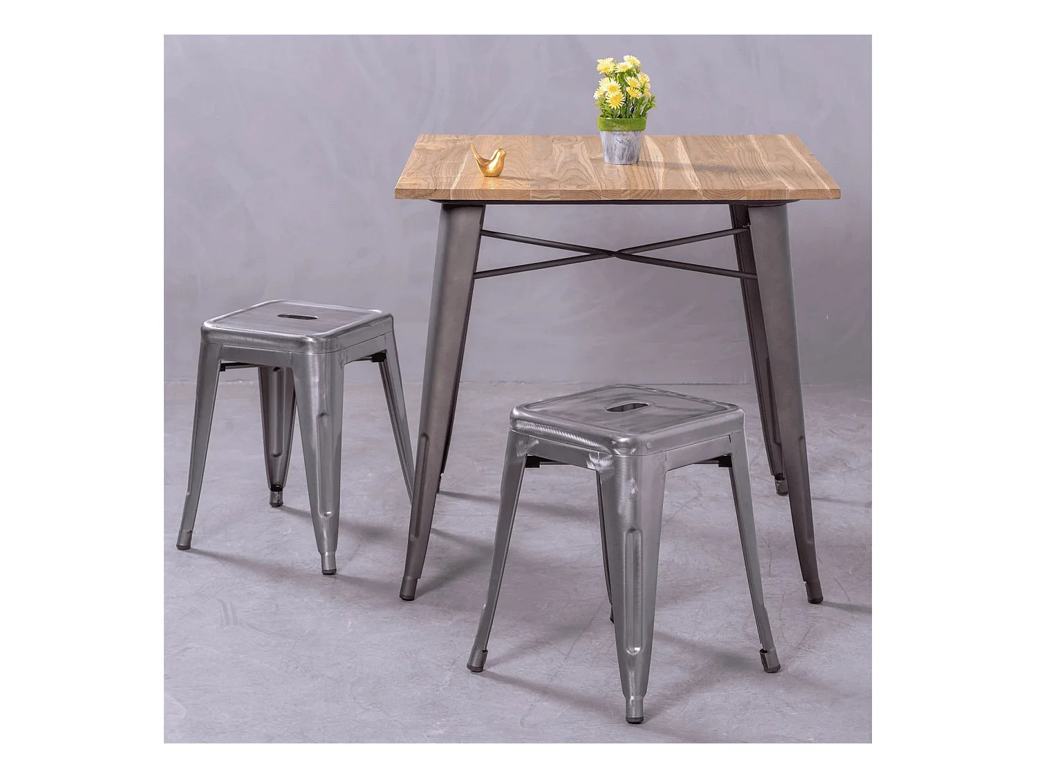 Table industrielle en acier vieilli et bois clair - Bistro - Antique