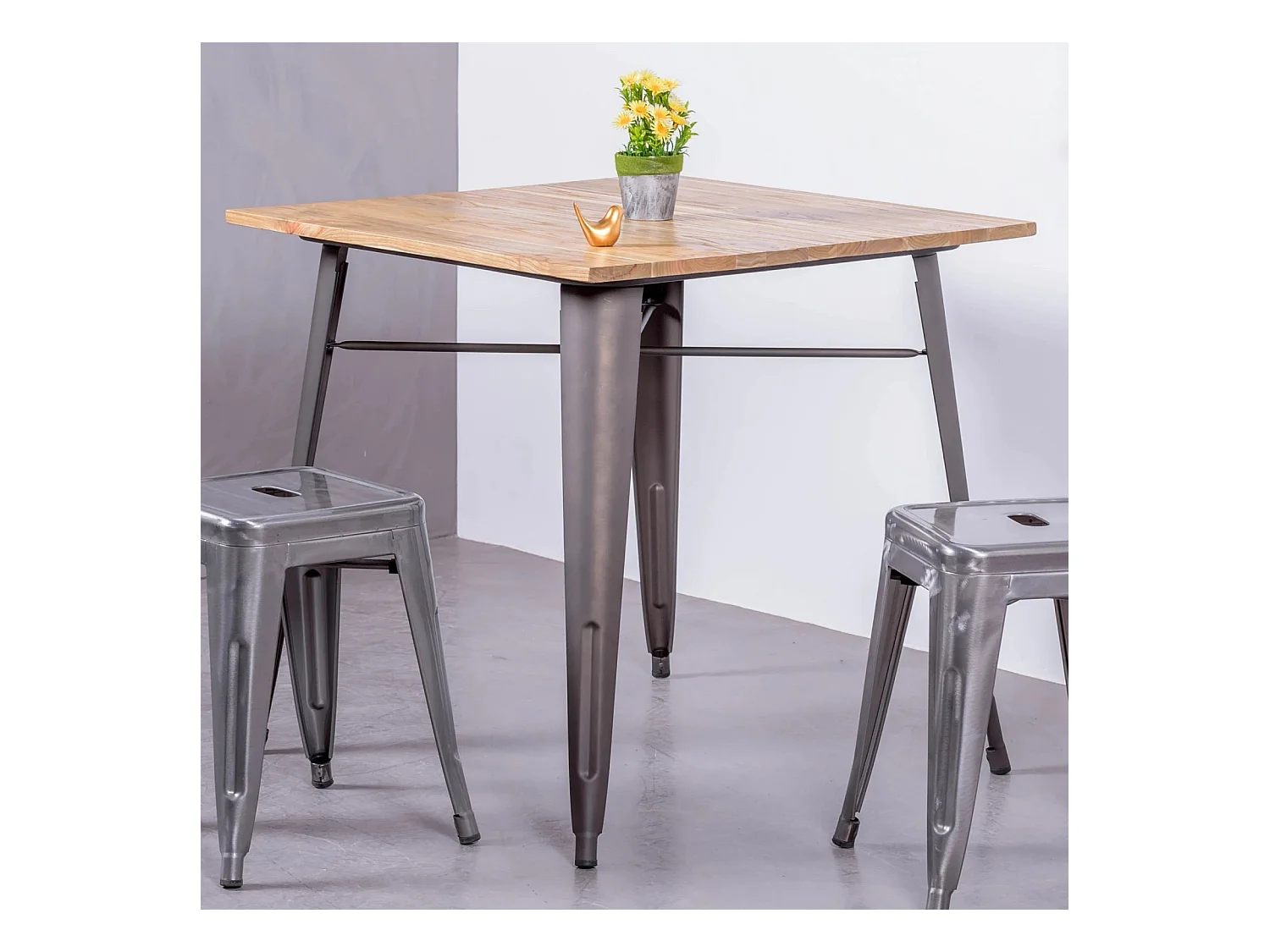 Table industrielle en acier vieilli et bois clair - Bistro - Antique