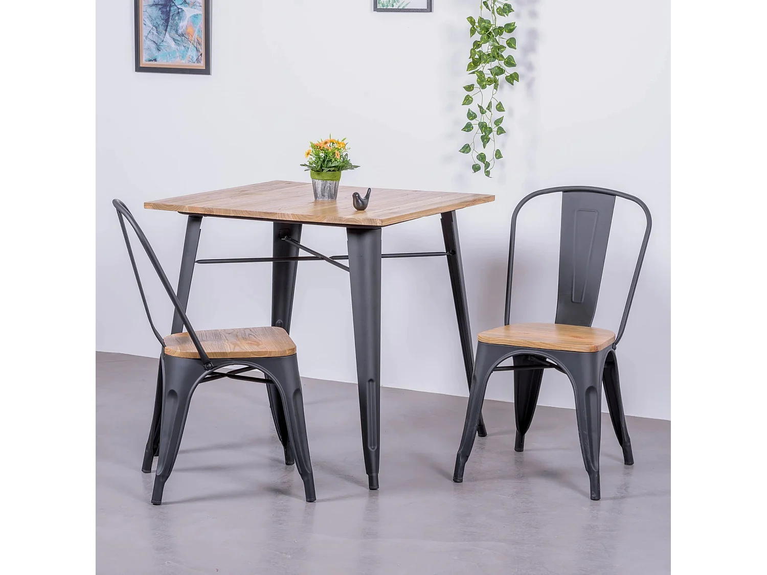 Industriële tafel in zwart staal en licht hout - Bistro - Zwart