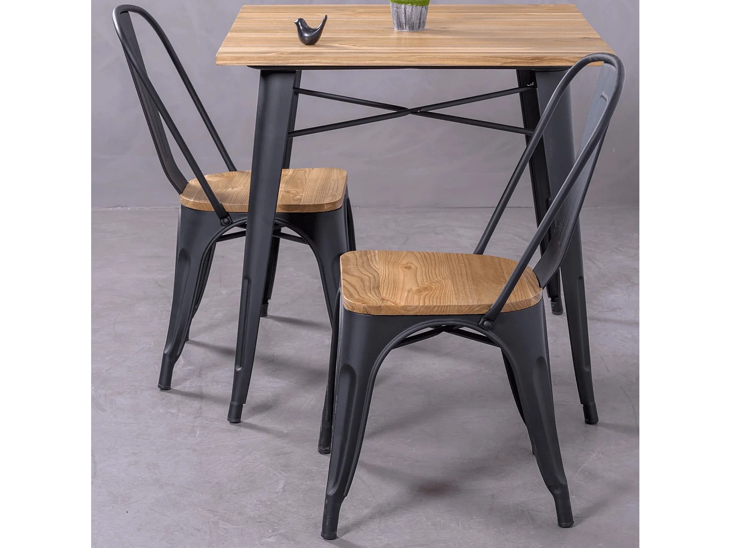Industriële tafel in zwart staal en licht hout - Bistro - Zwart