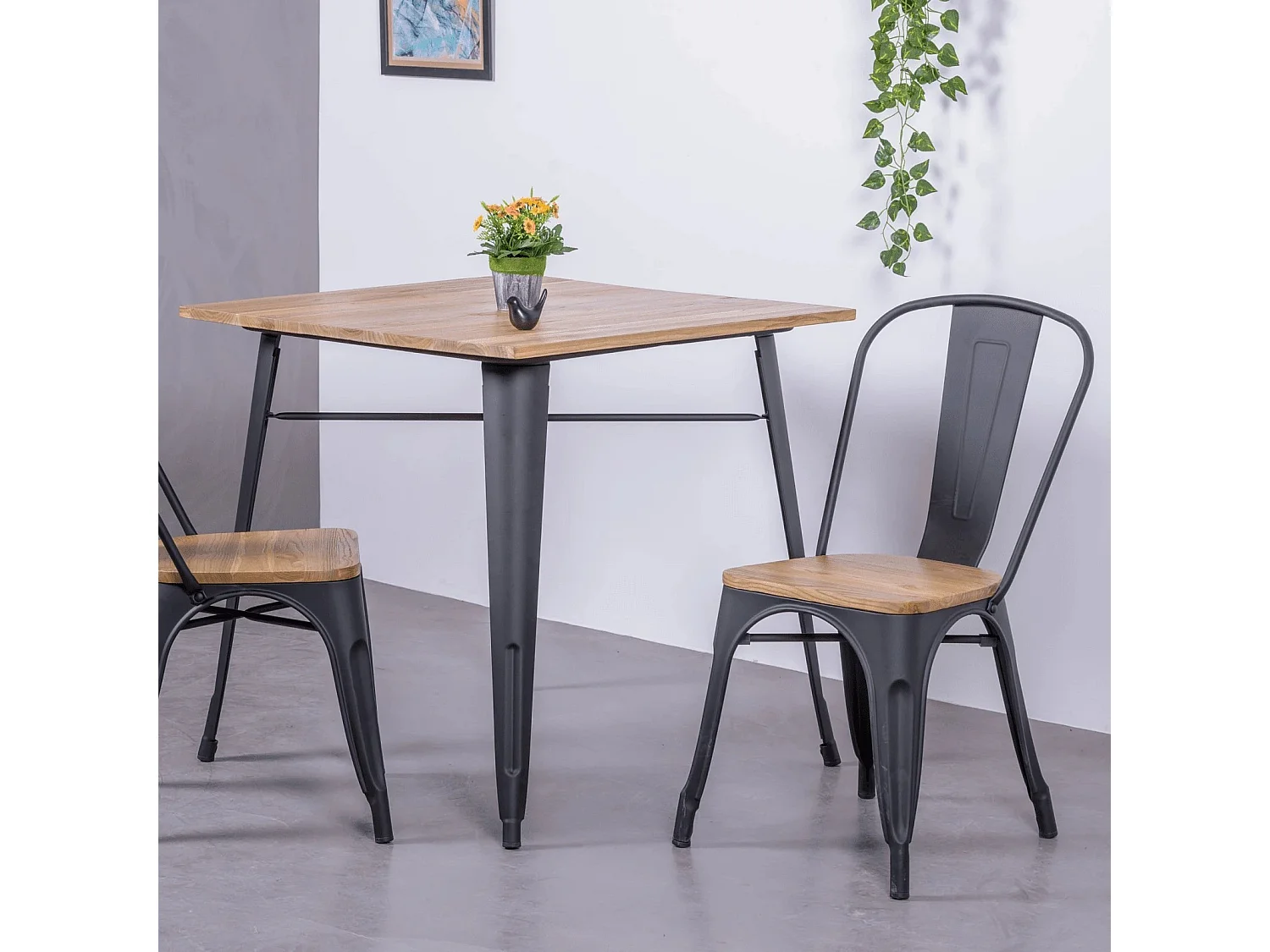 Table industrielle en acier noir et bois clair - Bistro - Noir