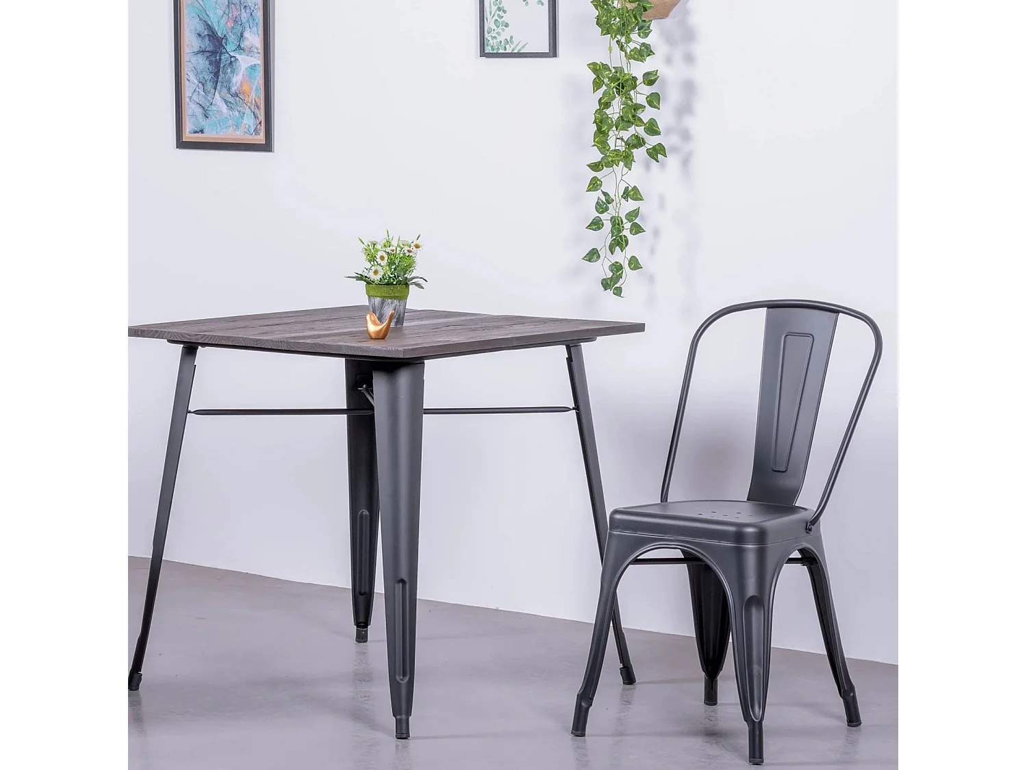 Table industrielle en acier noir et bois foncé - Bistro - Noir