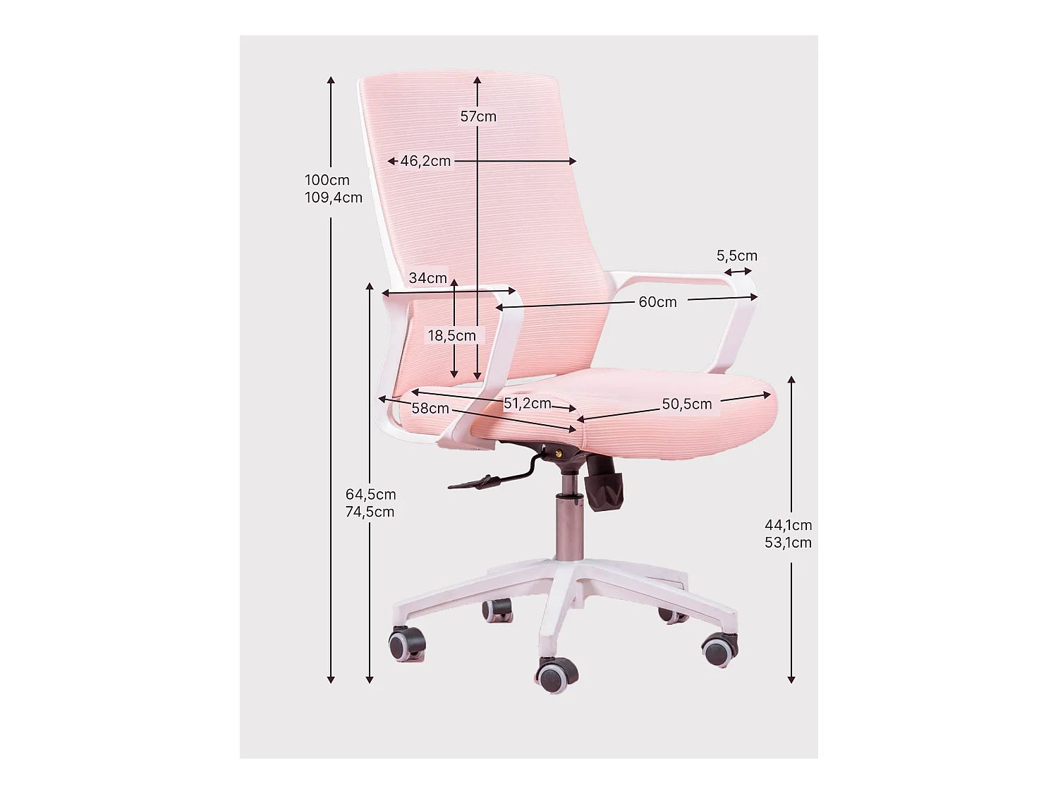 Sedia da scrivania ergonomica con ruote e braccioli - Mesh - Rosa