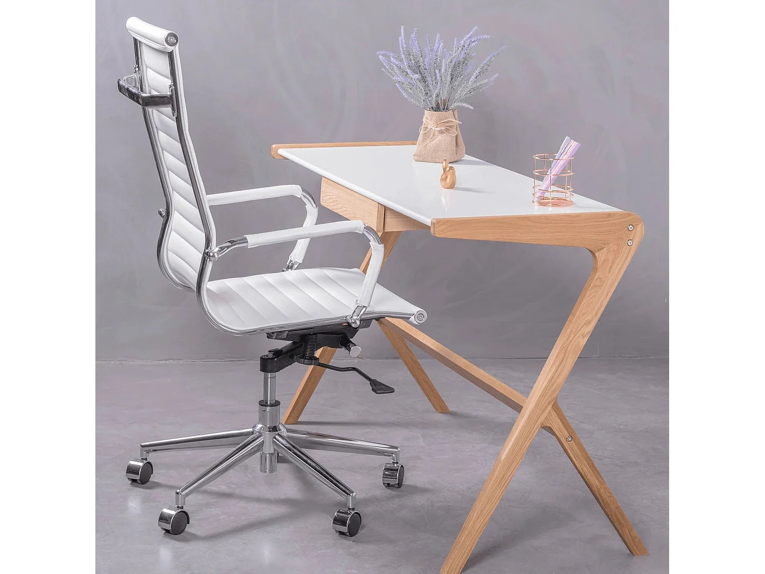 Chaise de bureau avec dossier haut rembourré en similicuir - Alu - Blanc