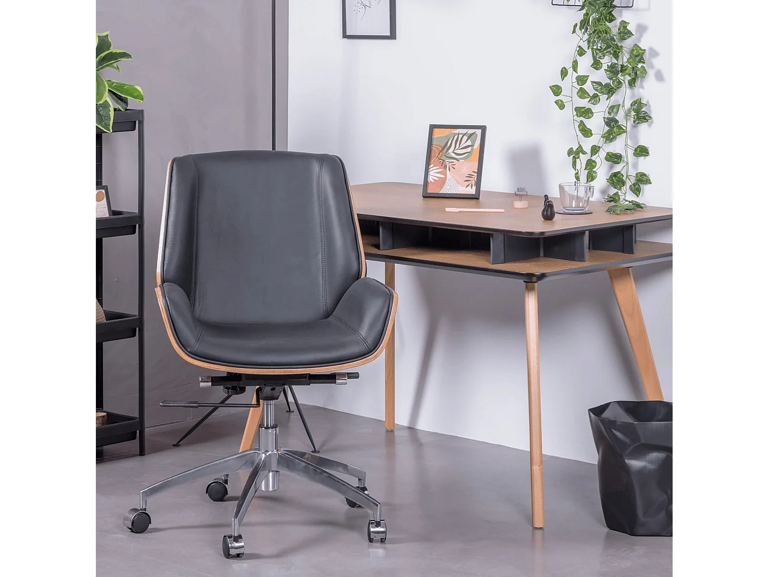 Chaise de bureau en bois de noyer et recouverte de cuir italien - Nordic - Noir